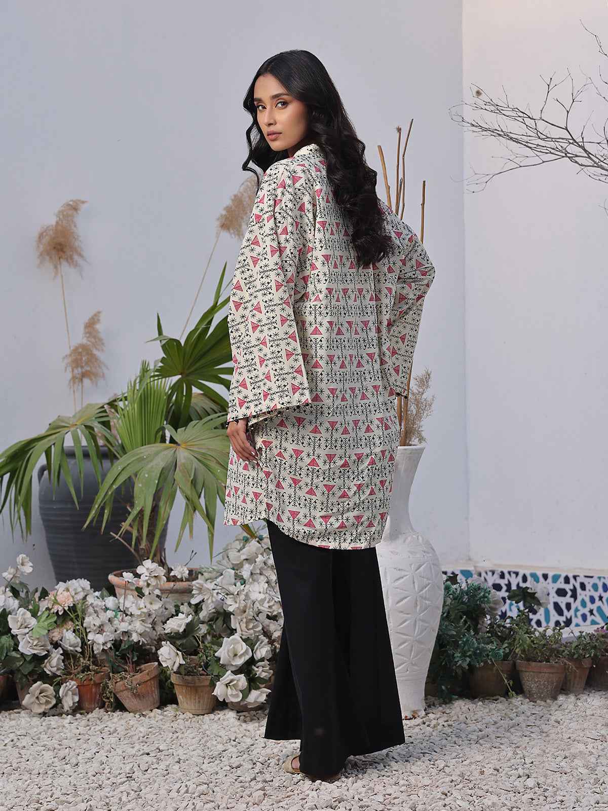1Pc Printed Pret Kurti Lawn Off White & Brown - OWKTG-2310013