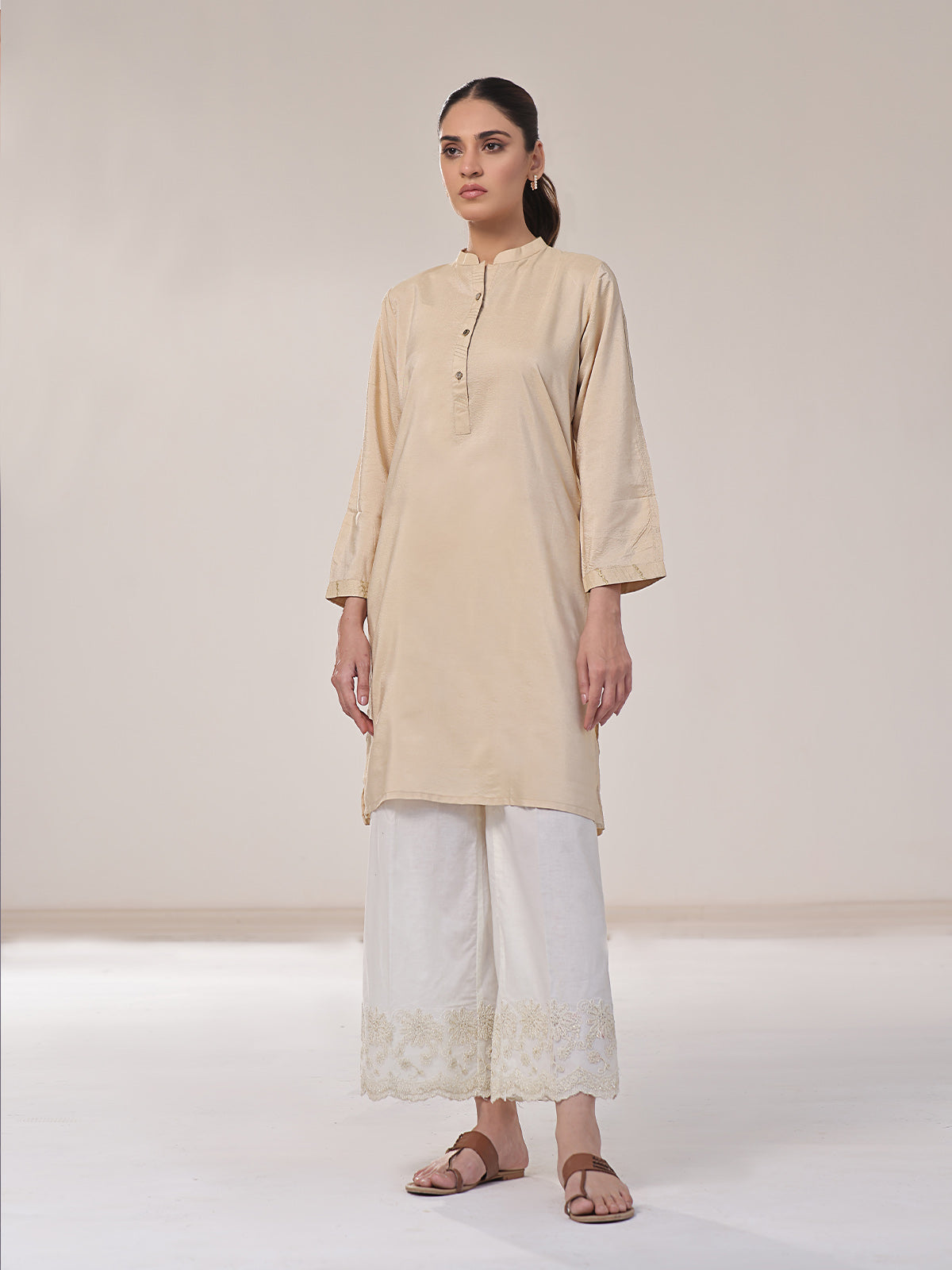 1Pc Solid Pret Kurti Cotton Beige - OWKTG-2309019