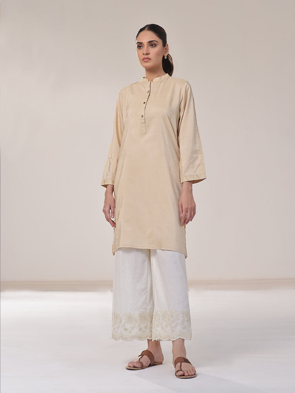 1Pc Solid Pret Kurti Cotton Beige - OWKTG-2309019
