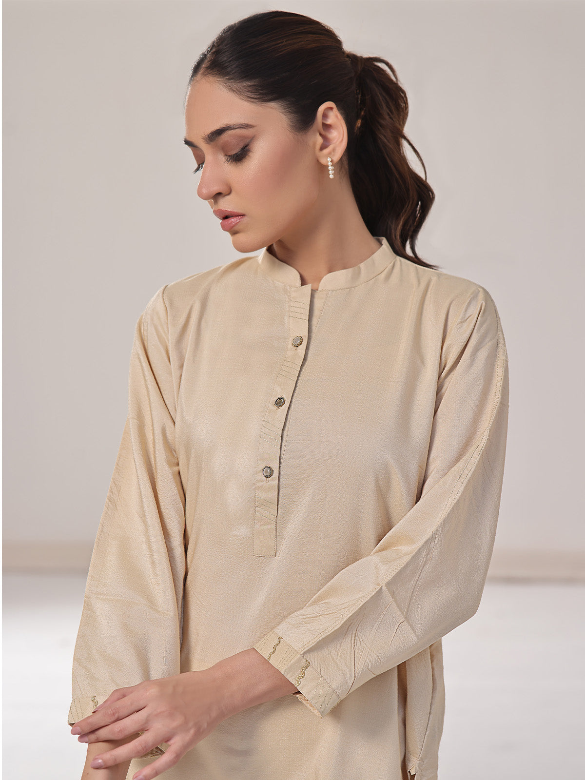 1Pc Solid Pret Kurti Cotton Beige - OWKTG-2309019