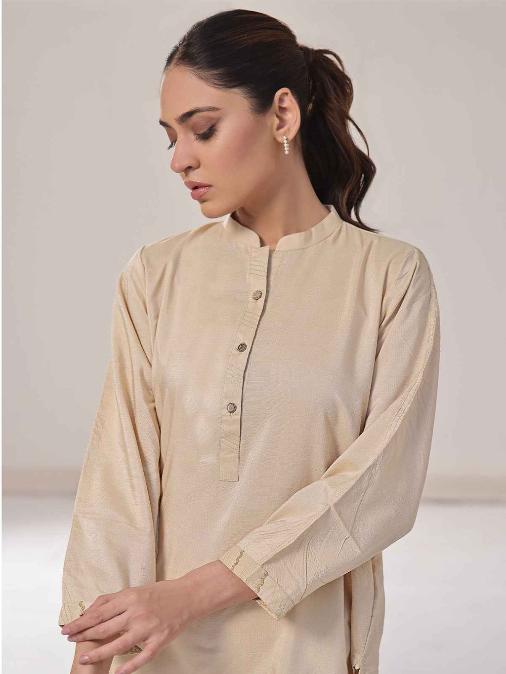 1Pc Solid Pret Kurti Cotton Beige - OWKTG-2309019