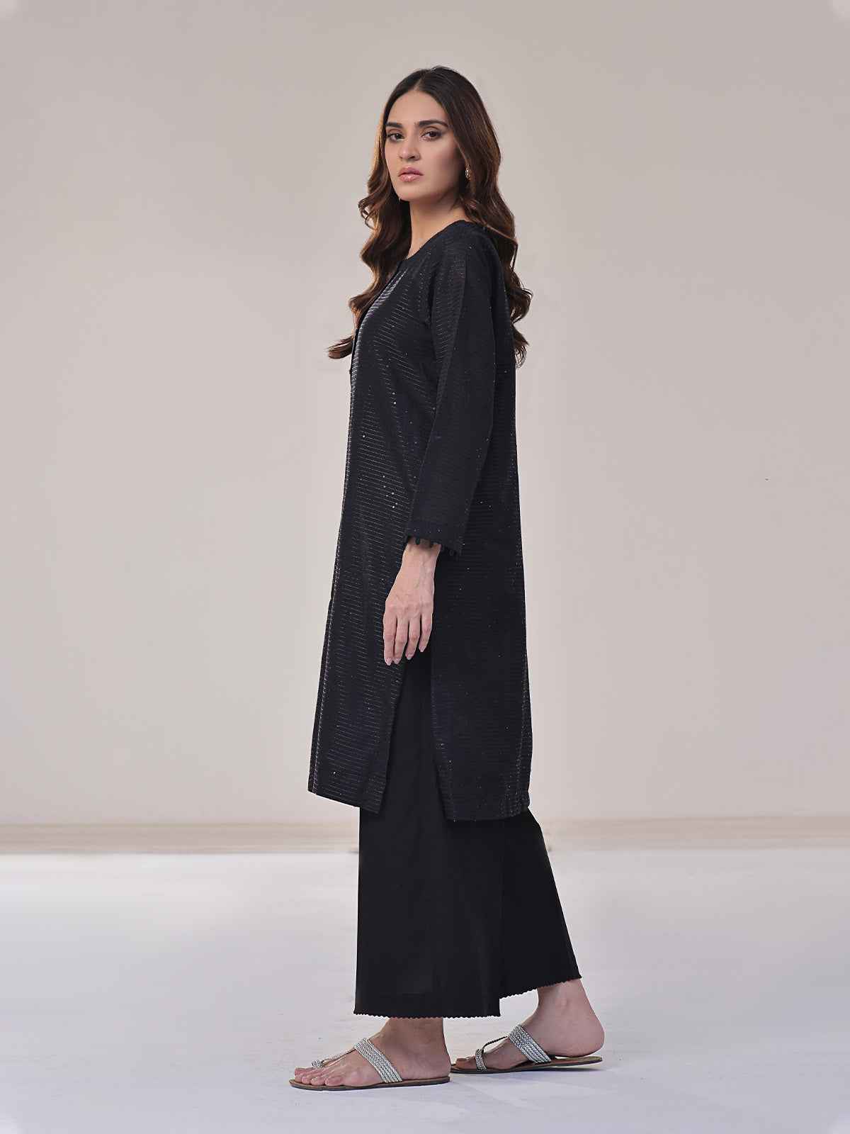 1Pc Solid Pret Kurti Dobby Black - OWKTG-2309026