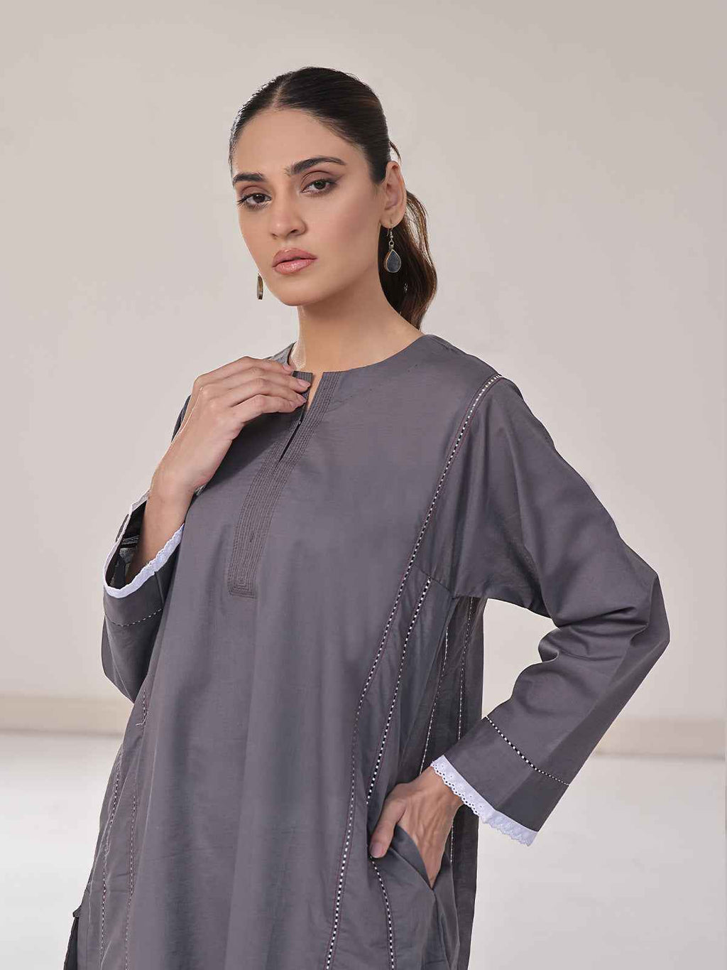 1Pc Solid Pret Kurti Lawn Dark Grey - OWKTG-2309030
