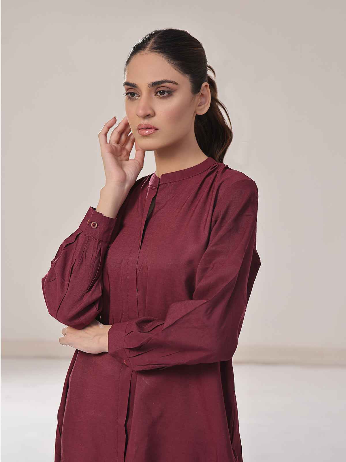 1Pc Solid Fusion Top Cotton Maroon - OWTPG-2309025