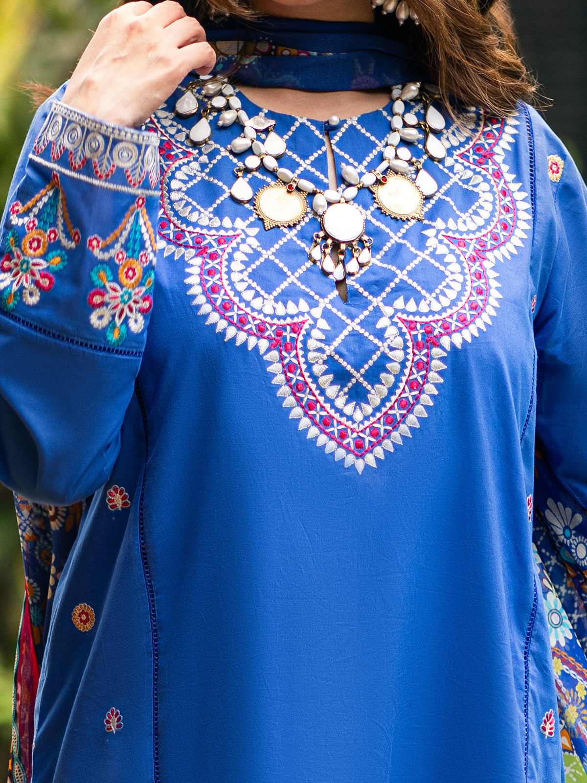 3Pc Embroidered Unstitched Cambric Blue - ODCE3P-6105-A