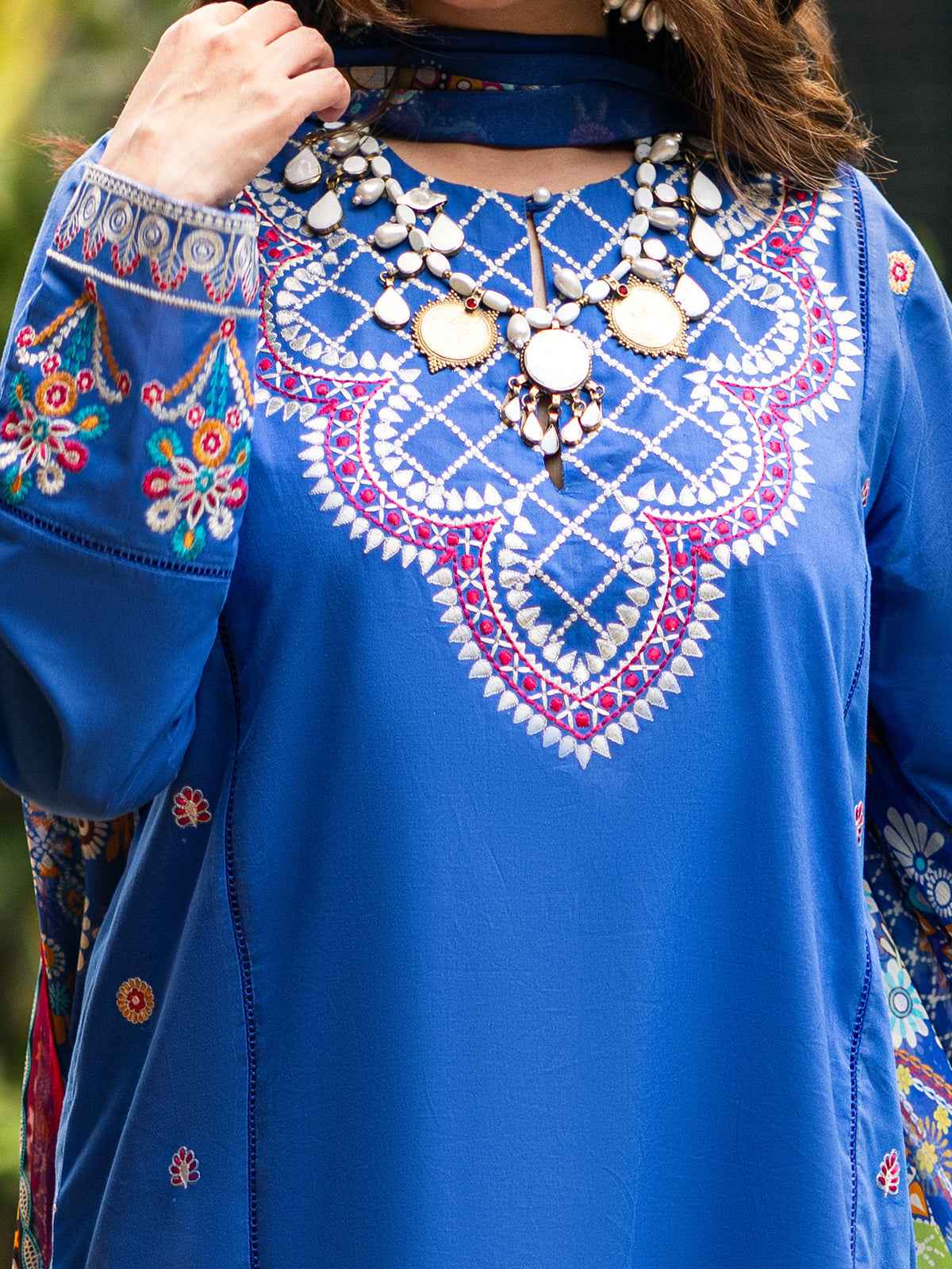 3Pc Embroidered Unstitched Cambric Blue - ODCE3P-6105-A