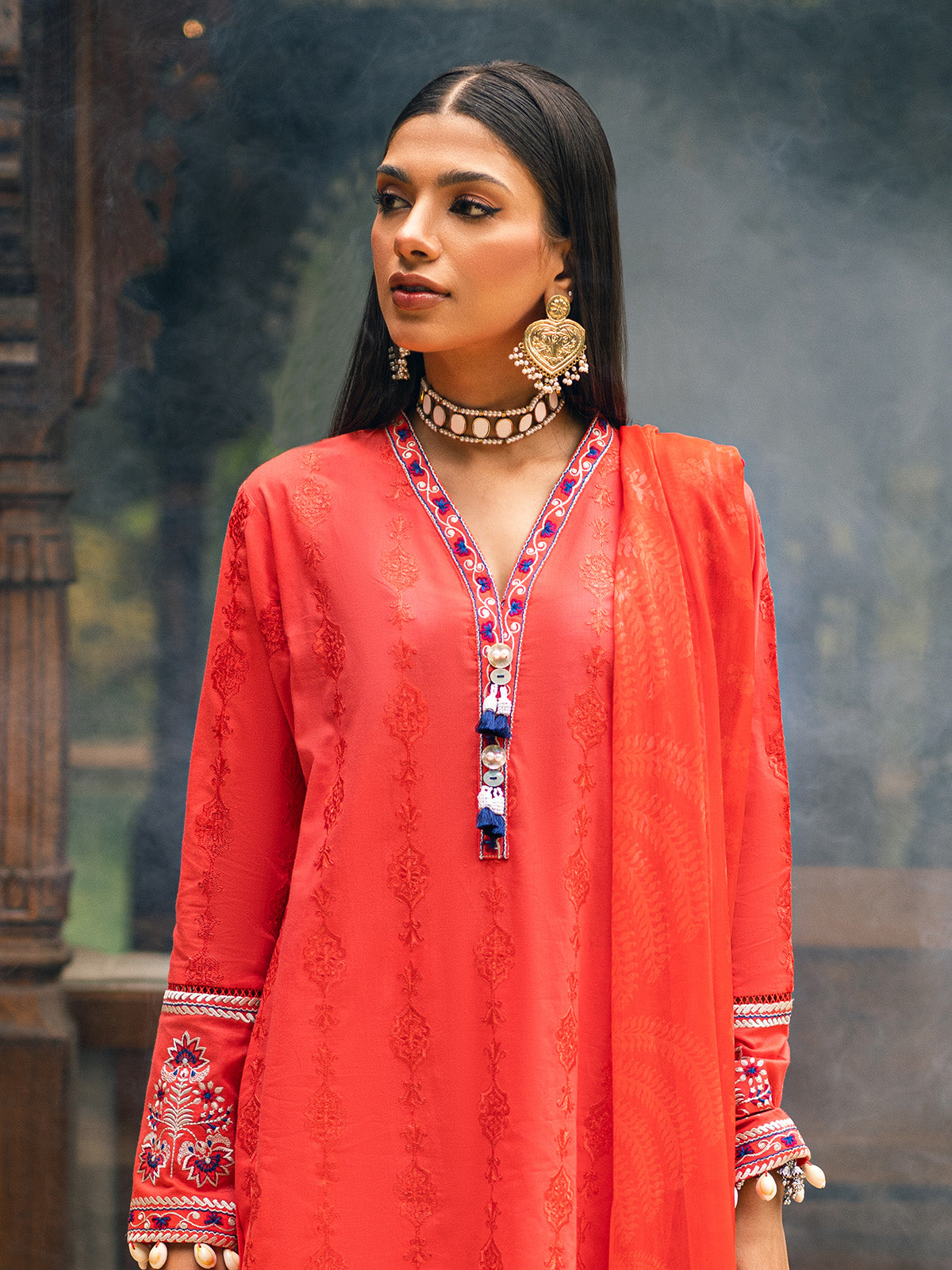 3Pc Embroidered Unstitched Cambric Pink & Orange - ODCE3P-6112-A