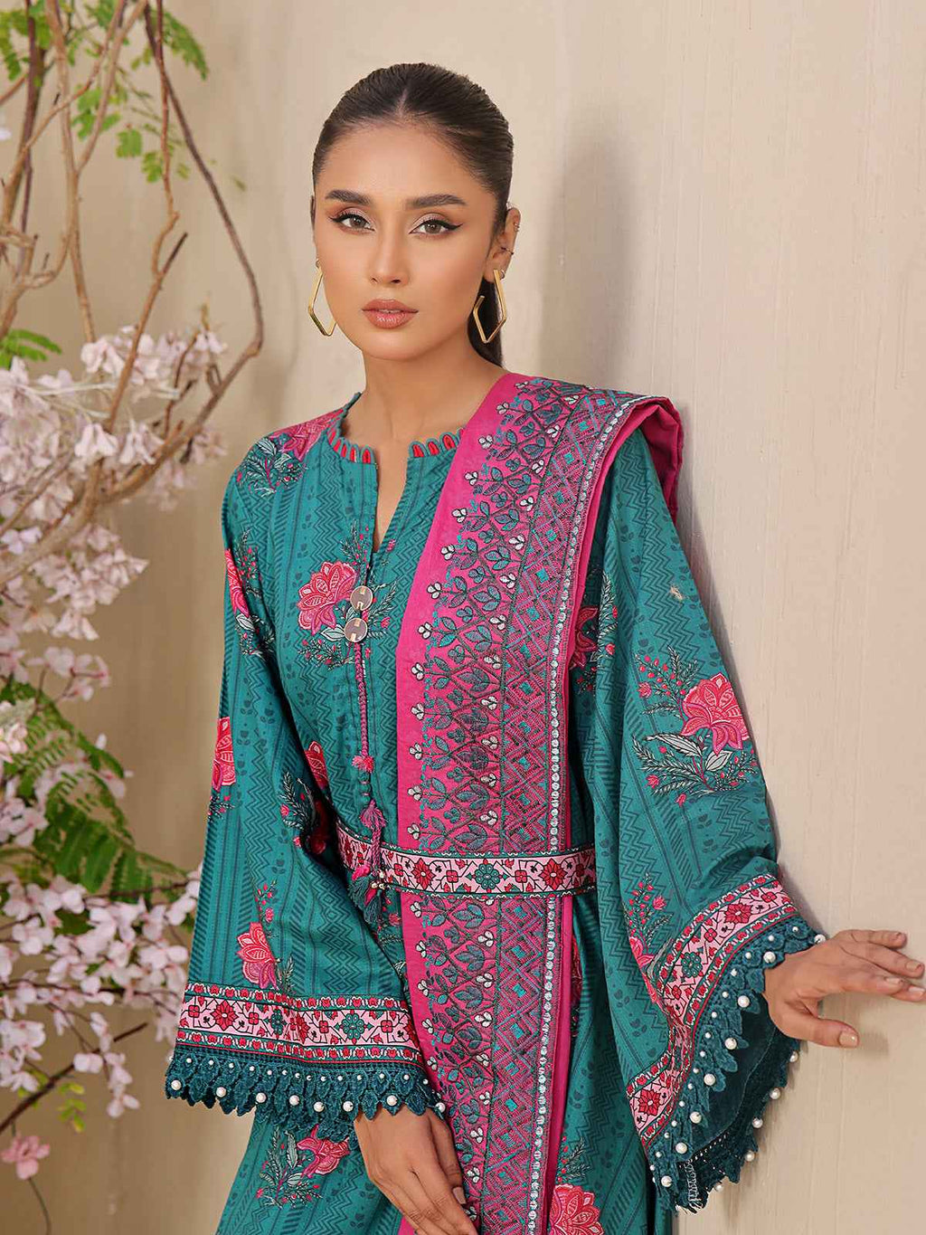 2Pc Printed Unstitched Dobby Dark Green - OLED2P-6195-A
