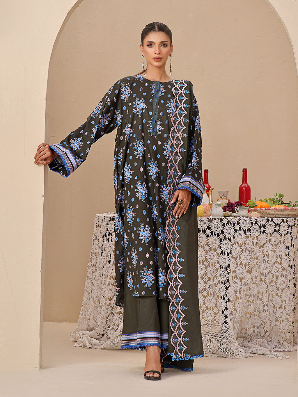 1Pc Printed Unstitched Kurti Dobby Blackish - OLDK-6200-A