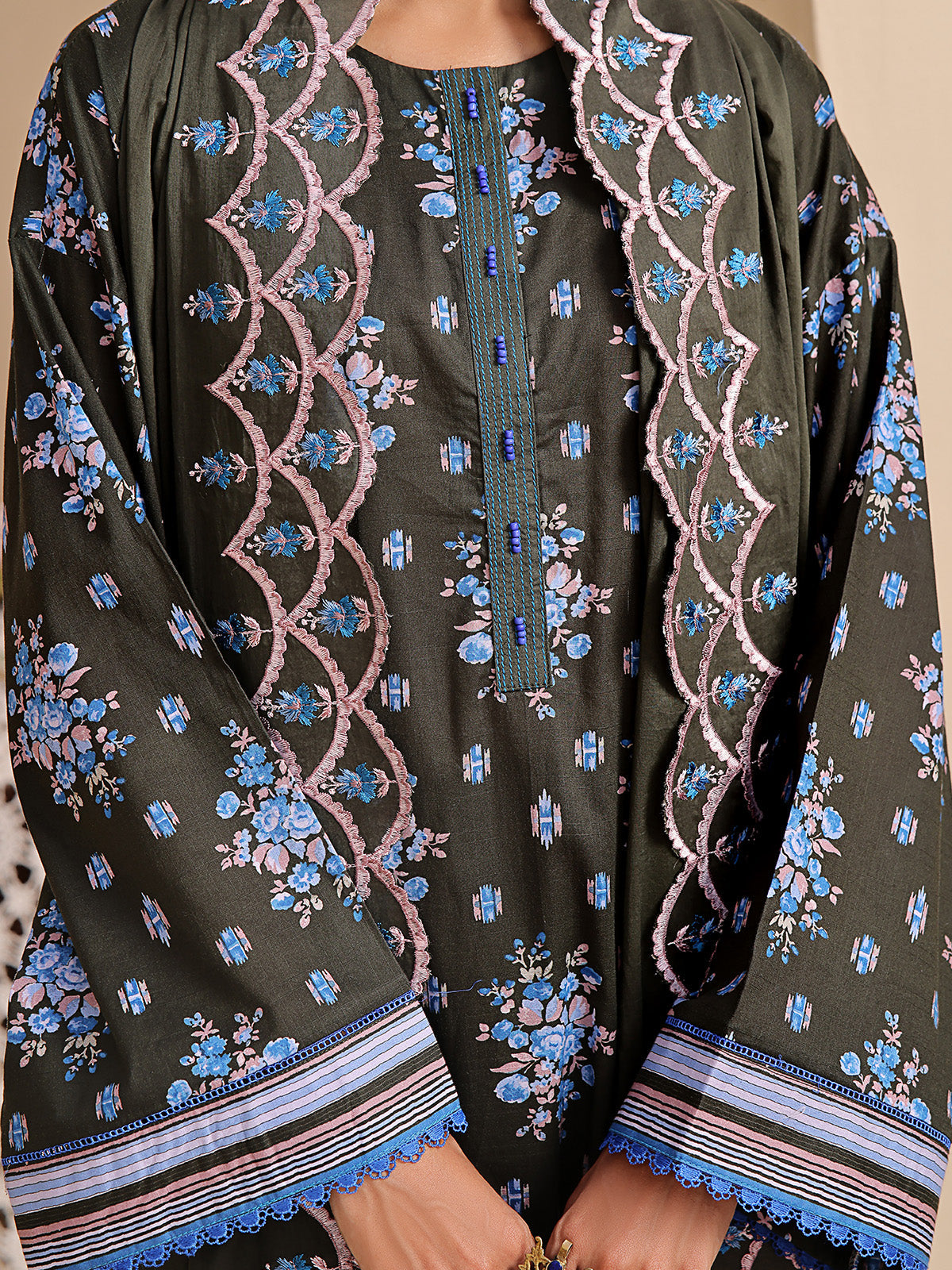 1Pc Printed Unstitched Kurti Dobby Blackish - OLDK-6200-A