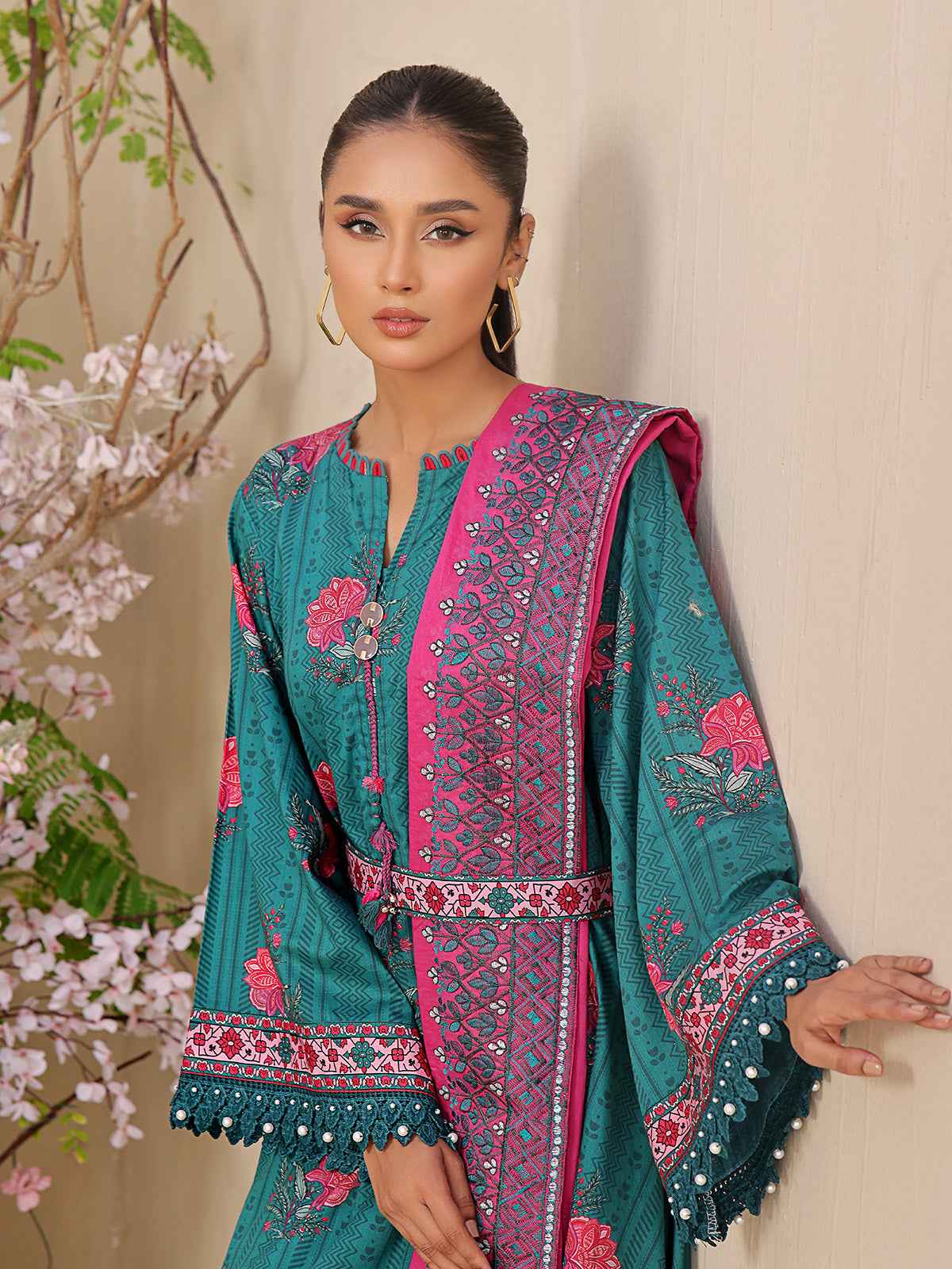 3Pc Printed Unstitched Dobby Dark Green - OLED3P-6195-A
