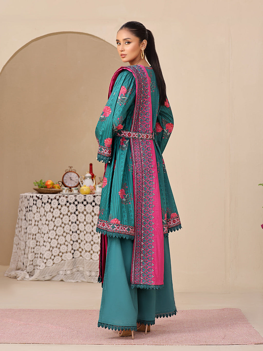 3Pc Printed Unstitched Dobby Dark Green - OLED3P-6195-A