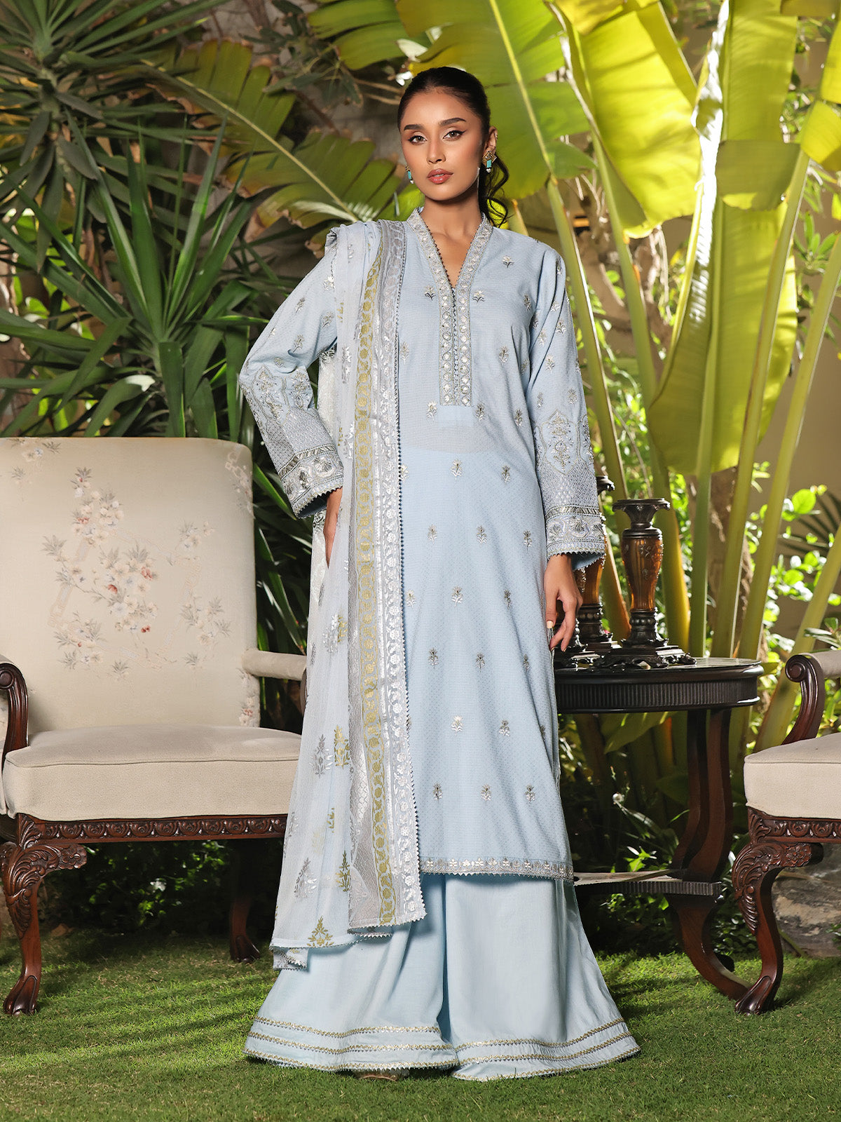 3Pc Embroidered Unstitched Dobby Sky Blue - OLEDC3P-6161-A