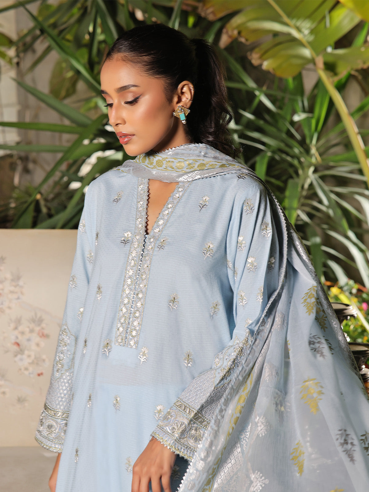 3Pc Embroidered Unstitched Dobby Sky Blue - OLEDC3P-6161-A