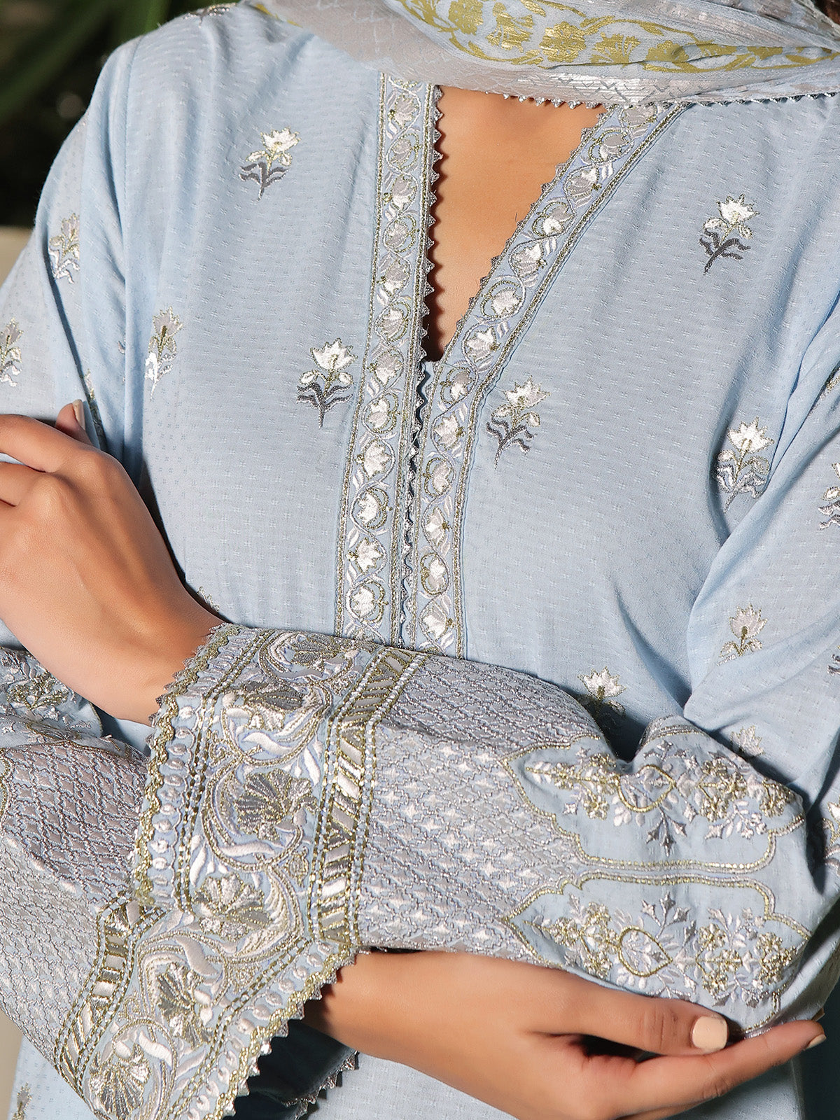 3Pc Embroidered Unstitched Dobby Sky Blue - OLEDC3P-6161-A