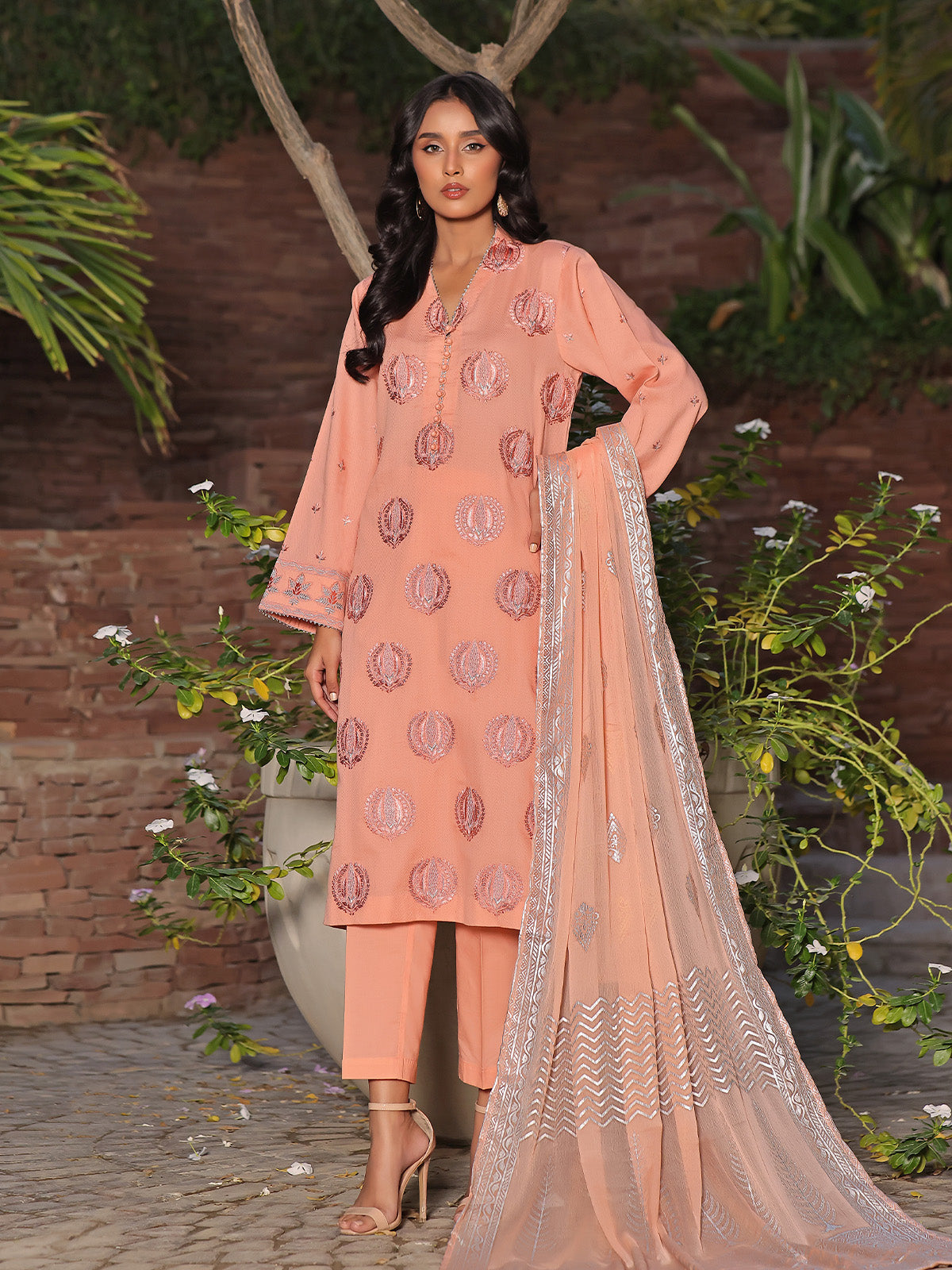 3Pc Embroidered Unstitched Dobby Peach - OLEDC3P-6162-A
