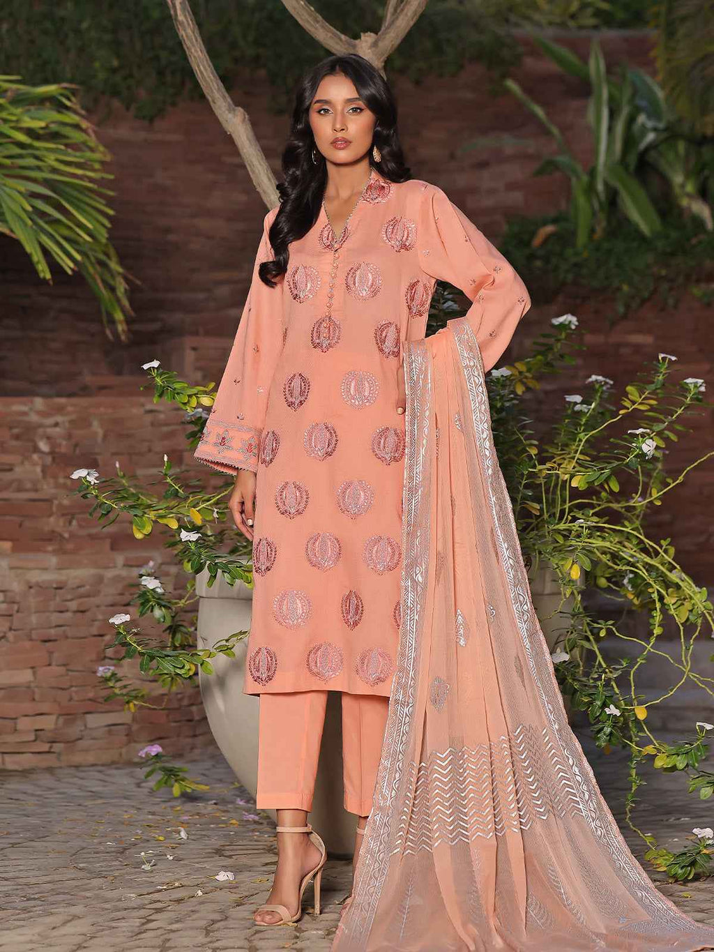 3Pc Embroidered Unstitched Dobby Peach - OLEDC3P-6162-A