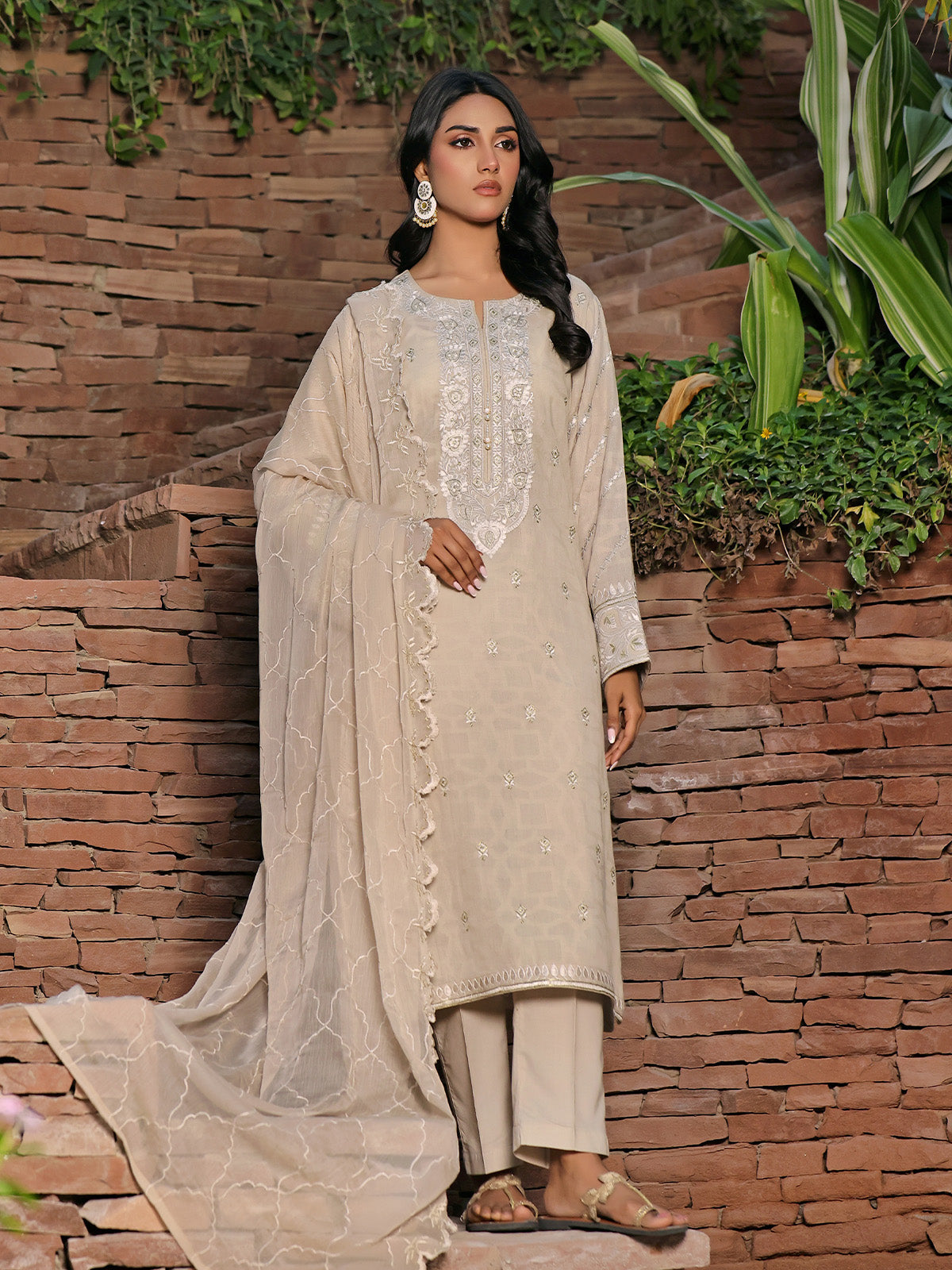 3Pc Embroidered Unstitched Dobby Beige - OLEDC3P-7001-A