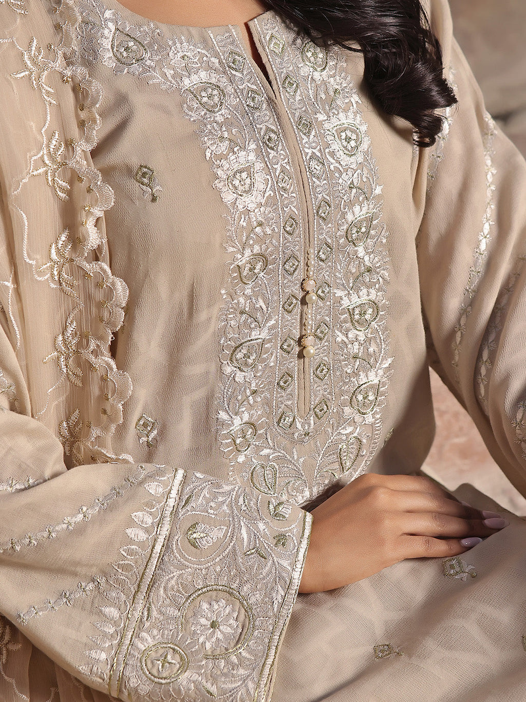 3Pc Embroidered Unstitched Dobby Beige - OLEDC3P-7001-A