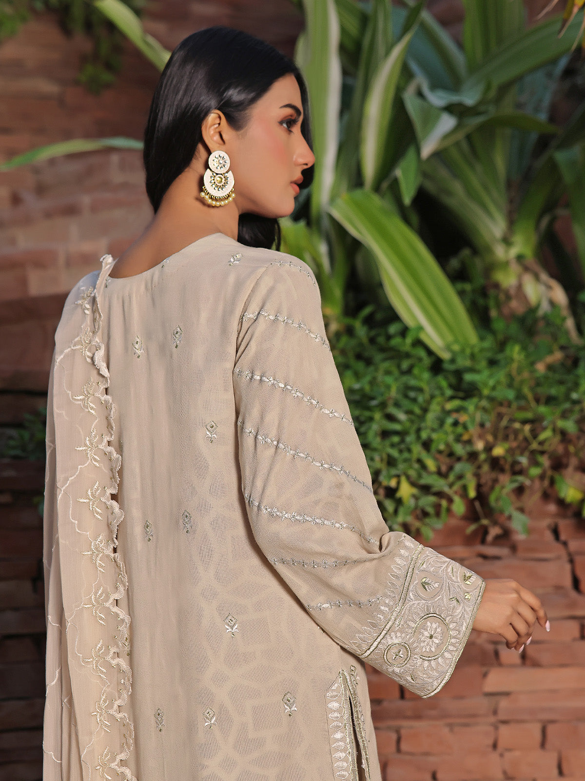 3Pc Embroidered Unstitched Dobby Beige - OLEDC3P-7001-A