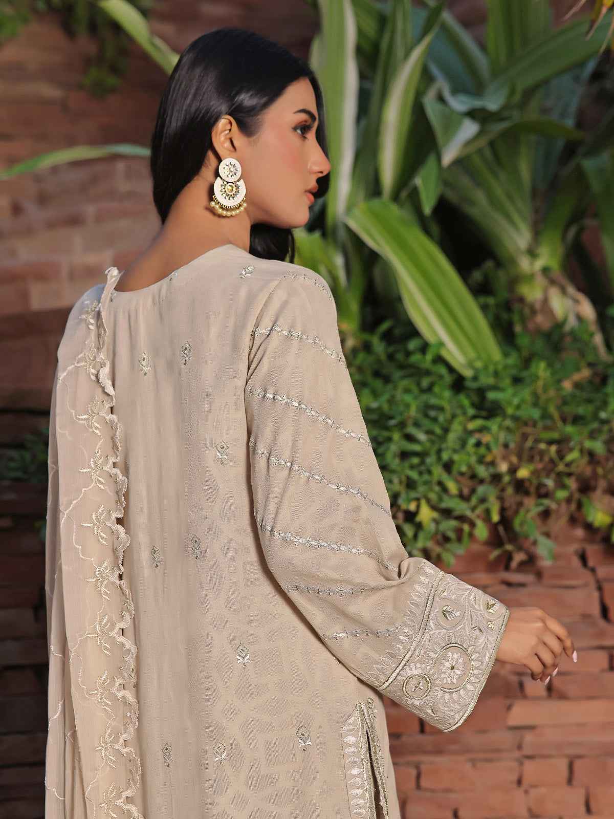 3Pc Embroidered Unstitched Dobby Beige - OLEDC3P-7001-A