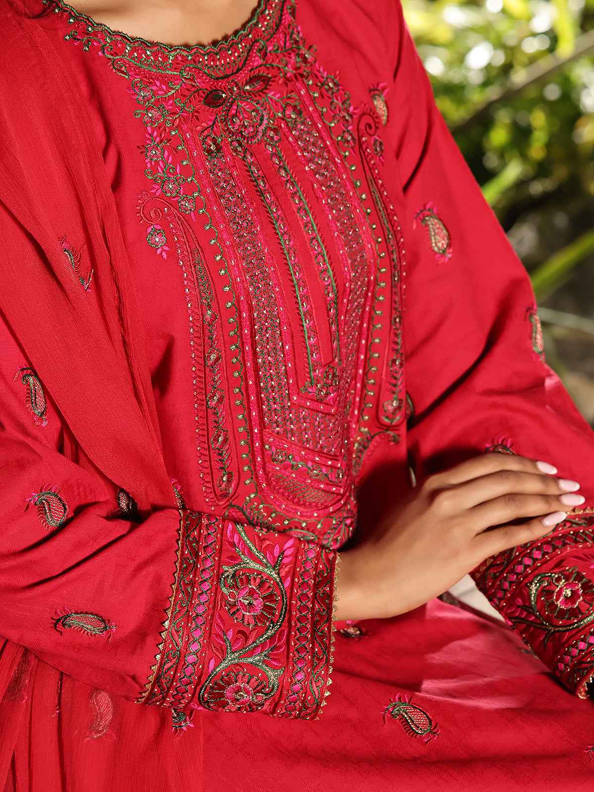 3Pc Embroidered Unstitched Dobby Red - OLEDC3P-7002-A