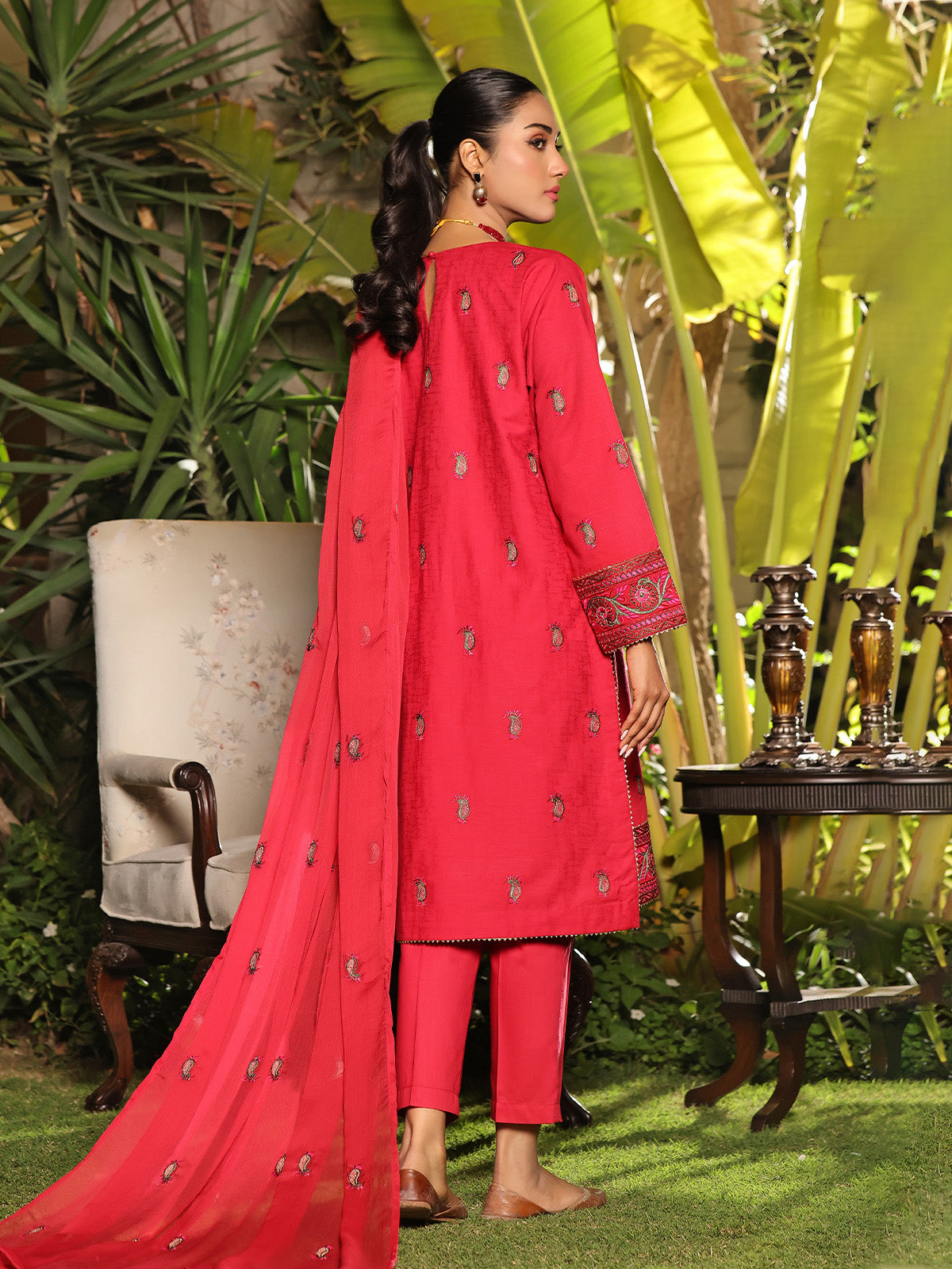 3Pc Embroidered Unstitched Dobby Red - OLEDC3P-7002-A