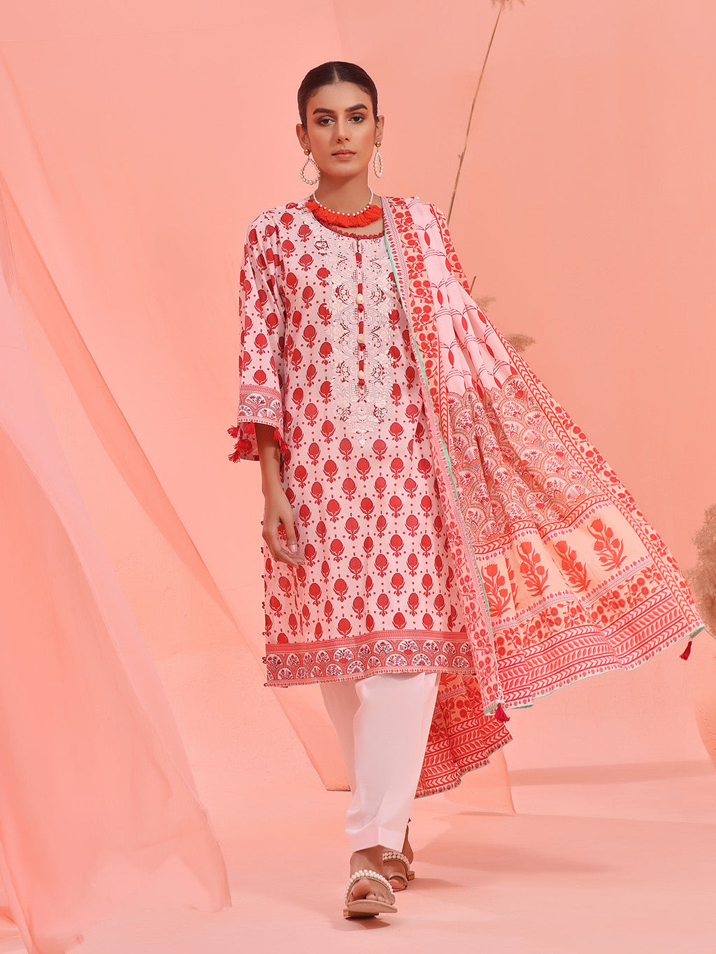 3Pc Embroidered Unstitched Lawn Orange - OLE3P-6143-A