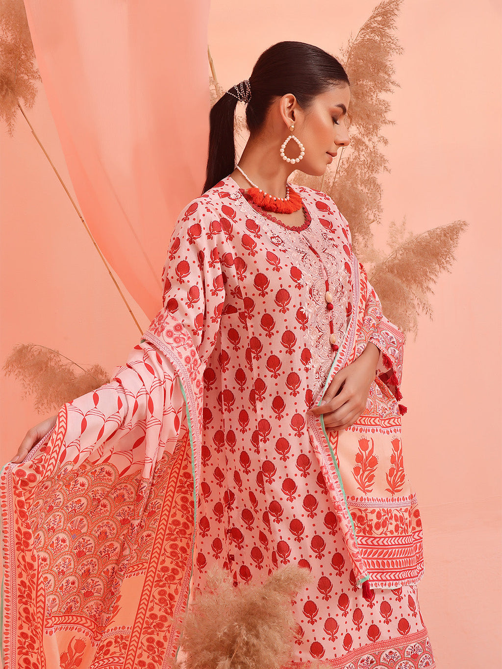 3Pc Embroidered Unstitched Lawn Orange - OLE3P-6143-A