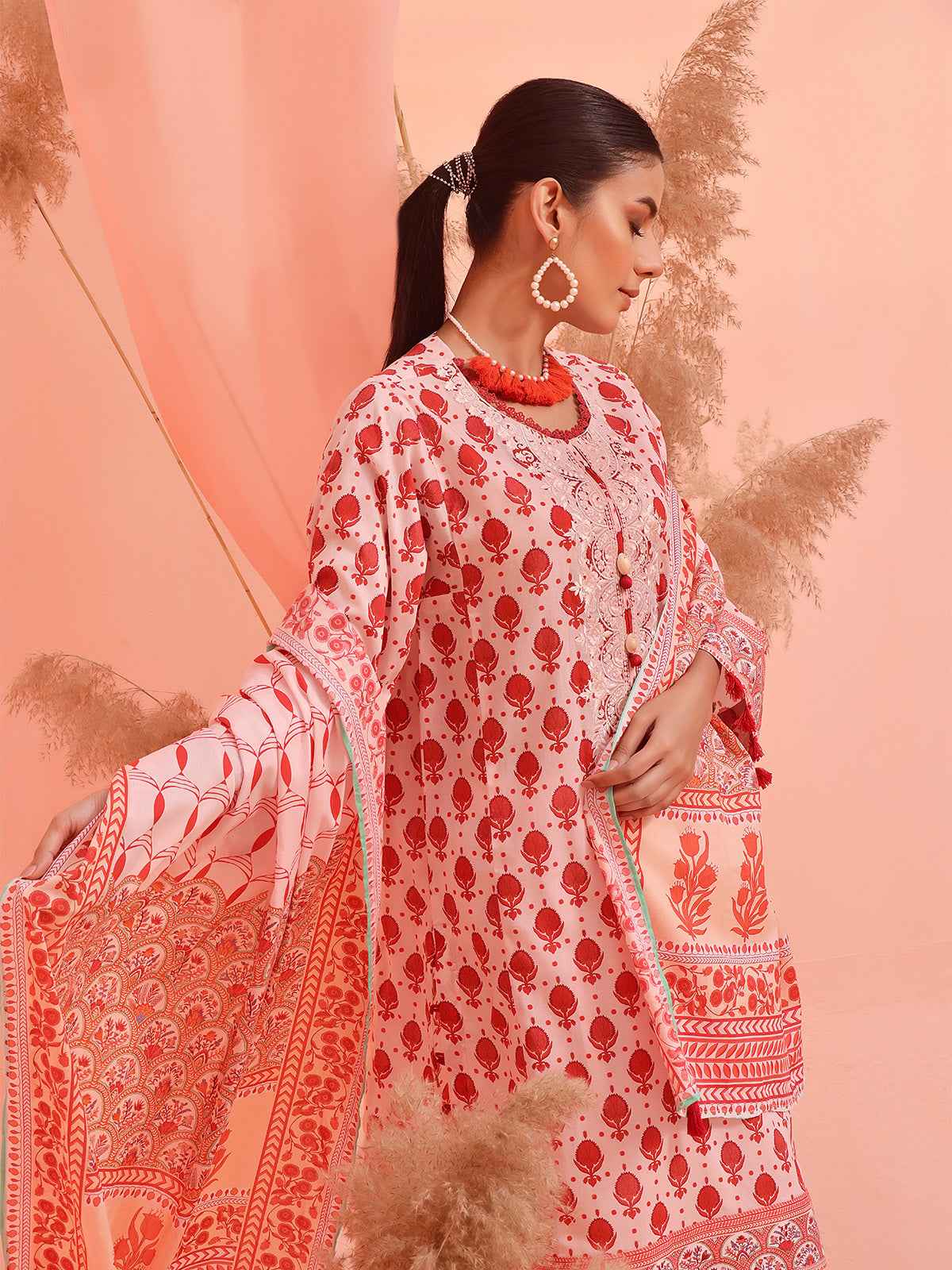 3Pc Embroidered Unstitched Lawn Orange - OLE3P-6143-A