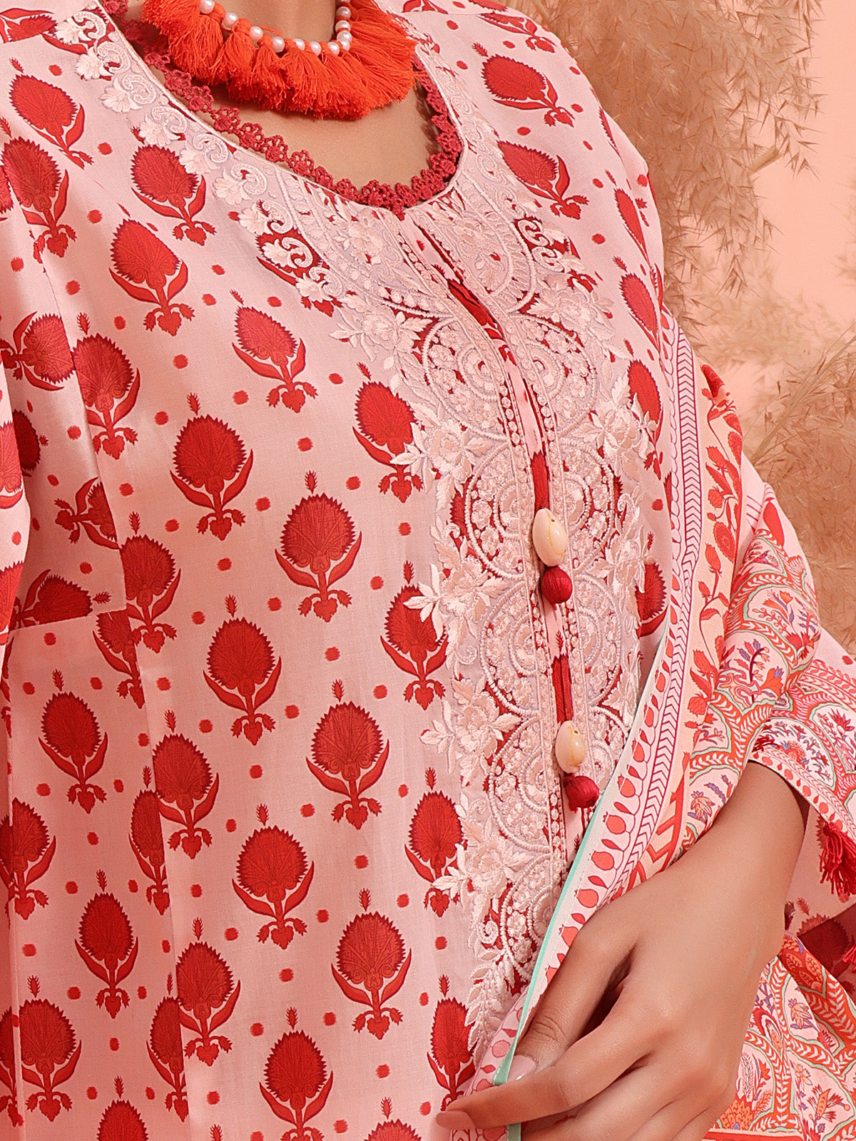 3Pc Embroidered Unstitched Lawn Orange - OLE3P-6143-A