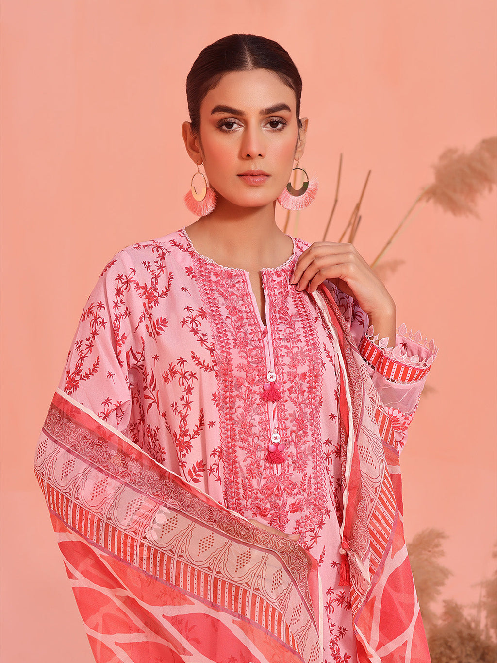 3Pc Embroidered Unstitched Lawn Pink & Red - OLEC3P-6136-A