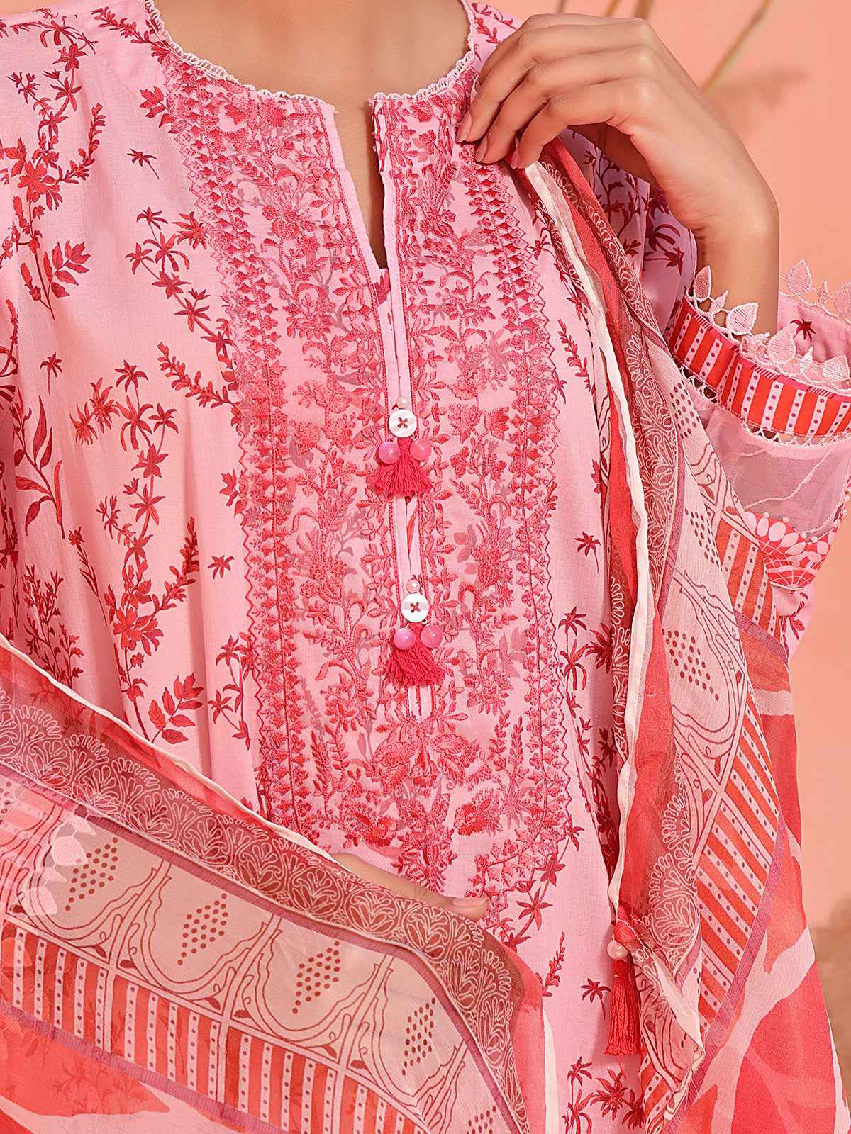 3Pc Embroidered Unstitched Lawn Pink & Red - OLEC3P-6136-A