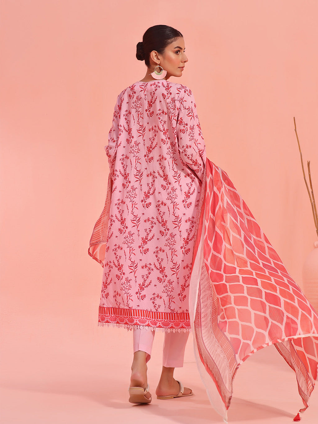 3Pc Embroidered Unstitched Lawn Pink & Red - OLEC3P-6136-A