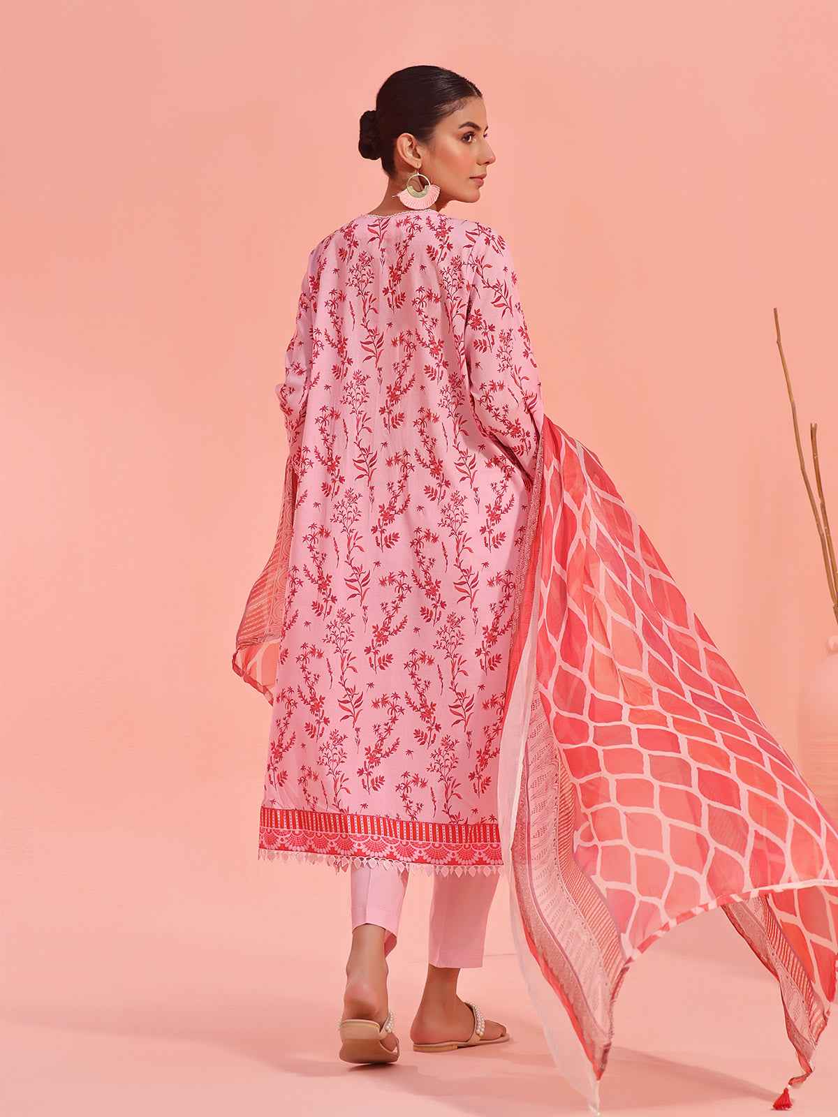 3Pc Embroidered Unstitched Lawn Pink & Red - OLEC3P-6136-A