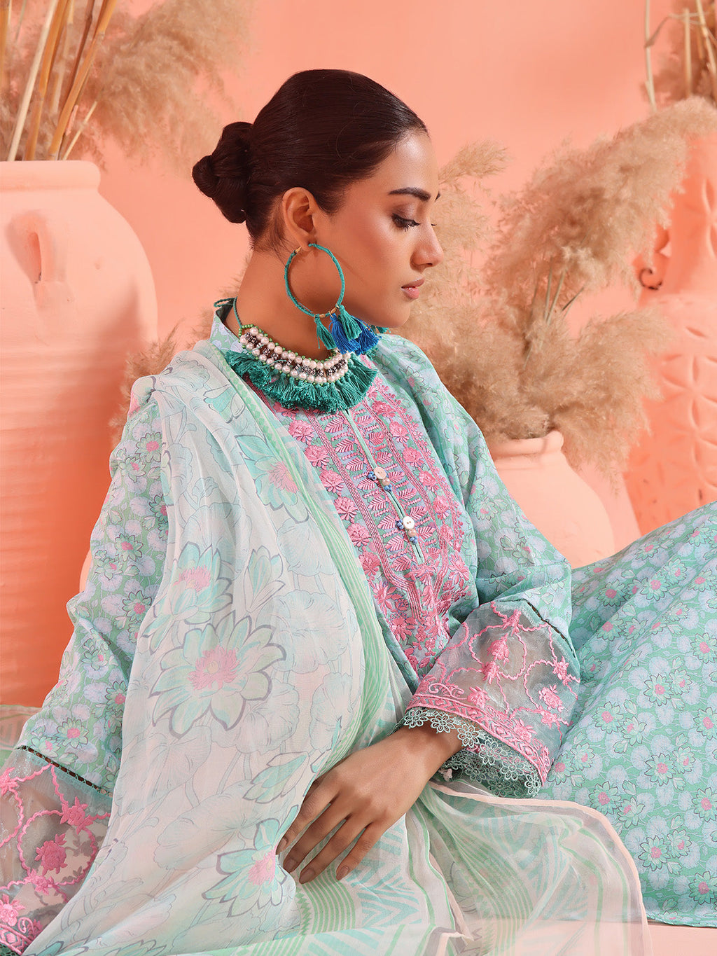 3Pc Embroidered Unstitched Lawn Sea Green - OLEC3P-6138-A