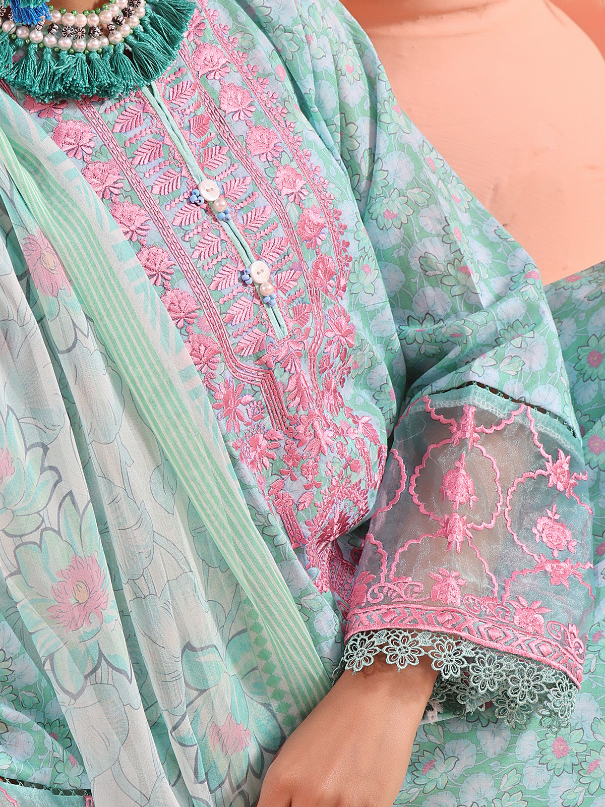 3Pc Embroidered Unstitched Lawn Sea Green - OLEC3P-6138-A