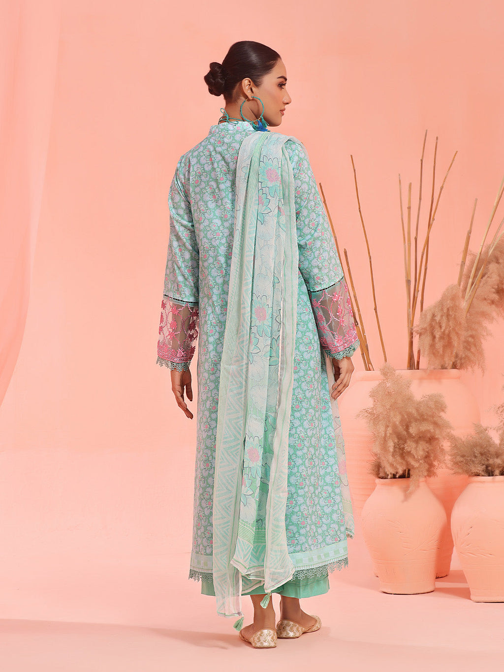3Pc Embroidered Unstitched Lawn Sea Green - OLEC3P-6138-A