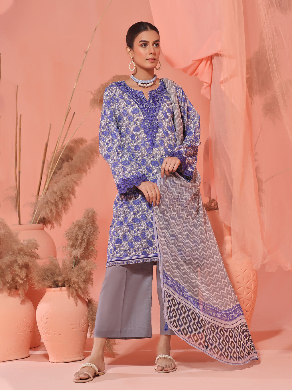 3Pc Embroidered Unstitched Lawn Grey & Blue - OLEC3P-6140-A