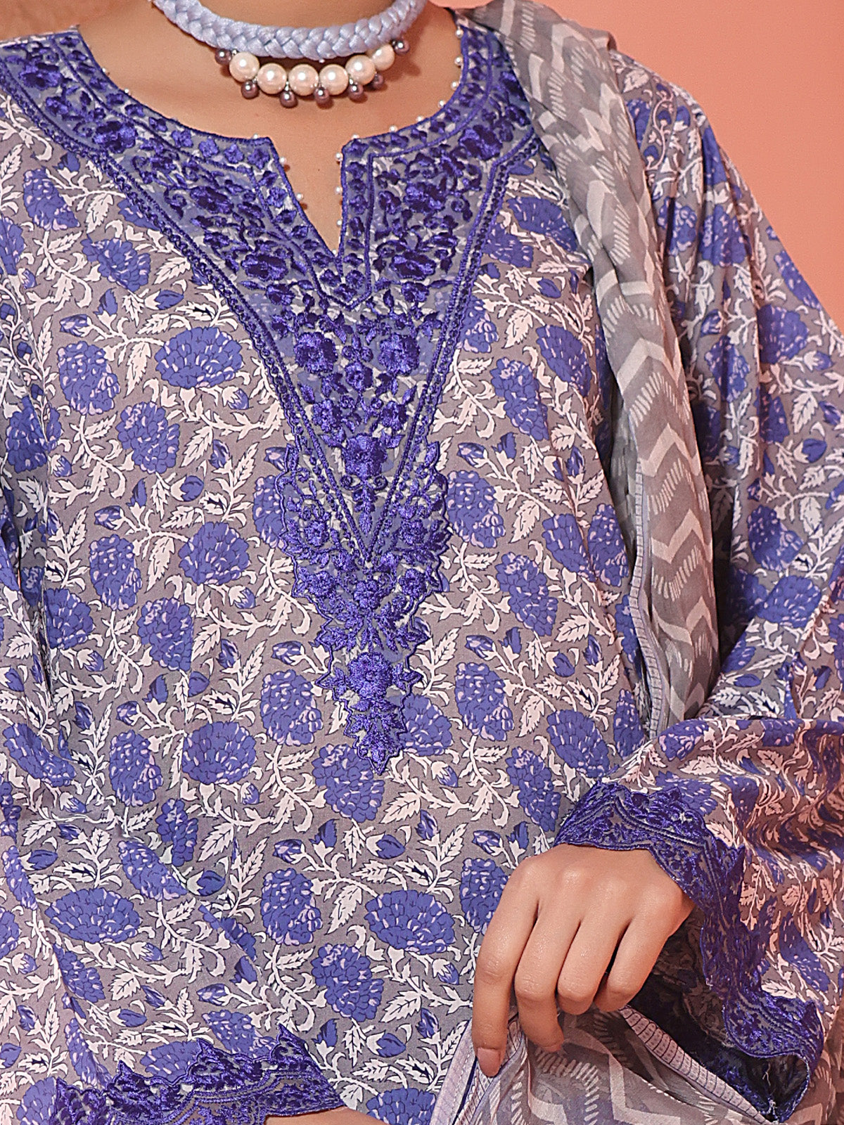 3Pc Embroidered Unstitched Lawn Grey & Blue - OLEC3P-6140-A