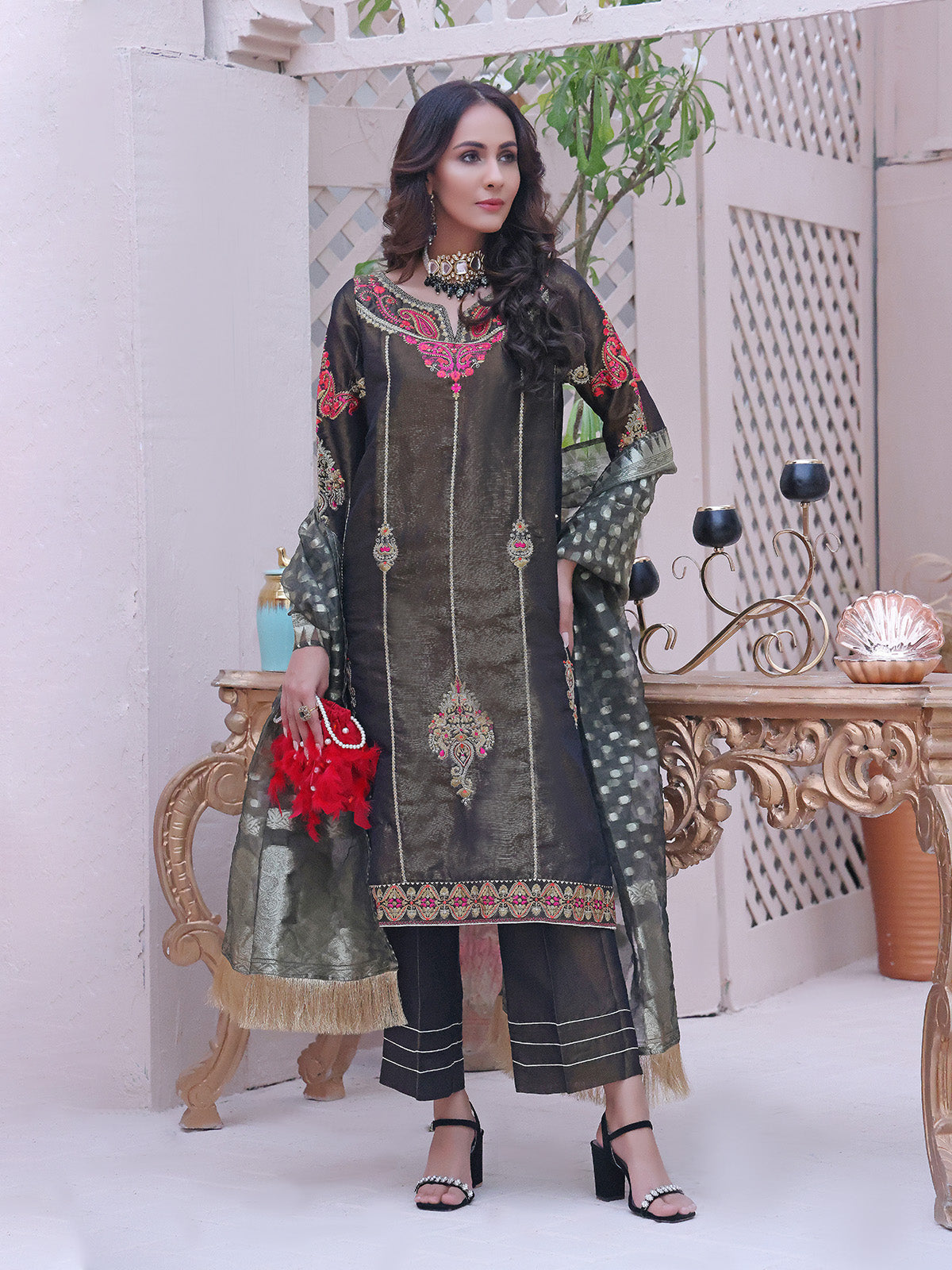 3Pc Embroidered Unstitched Masoori Black - OWMEJ3P-17001-A