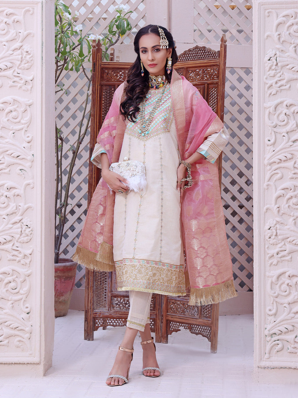 3Pc Embroidered Unstitched Masoori Beige - OWMEJ3P-17003-A
