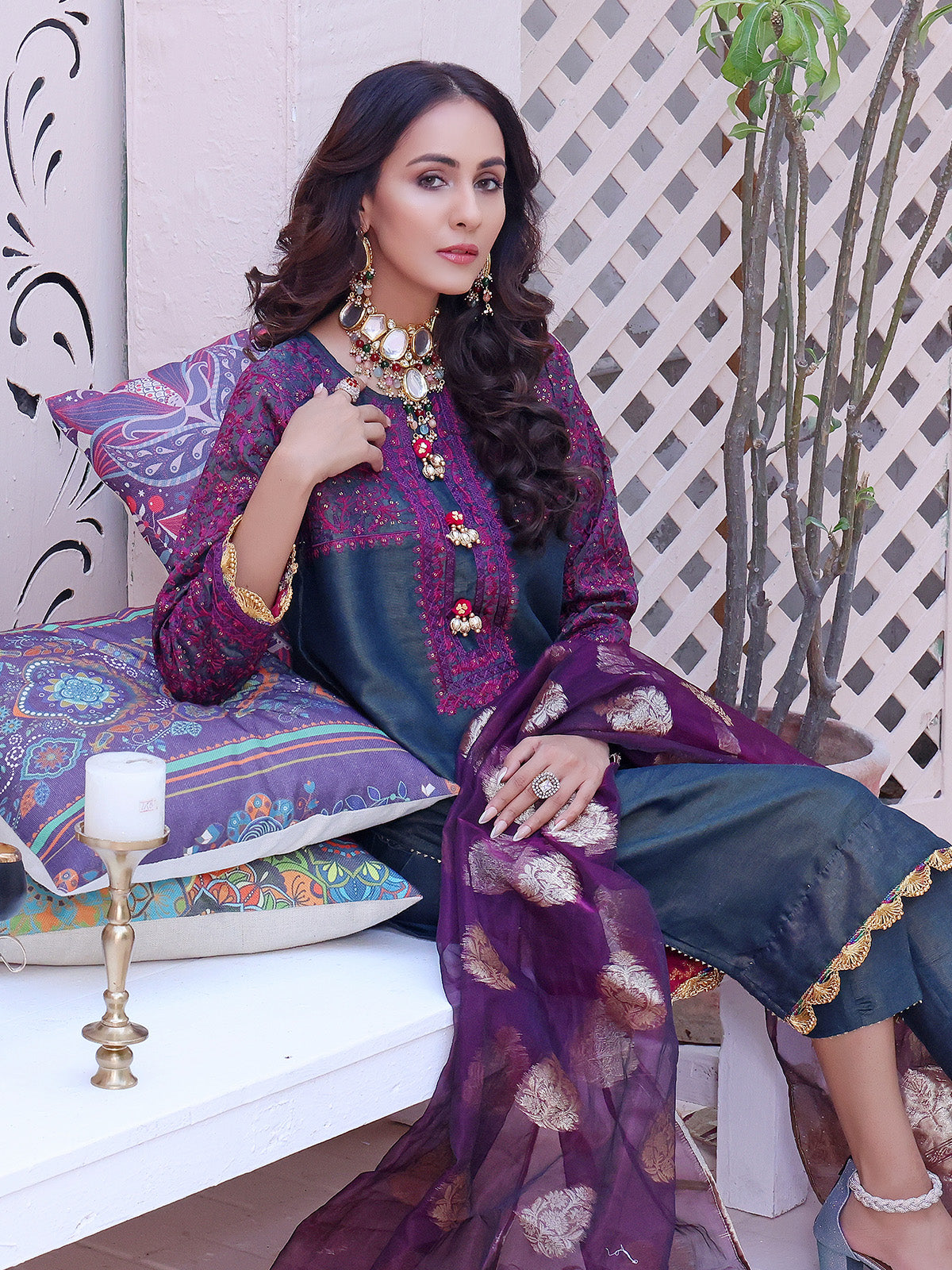 3Pc Embroidered Unstitched Masoori Navy Blue - OWMEJ3P-17004-A