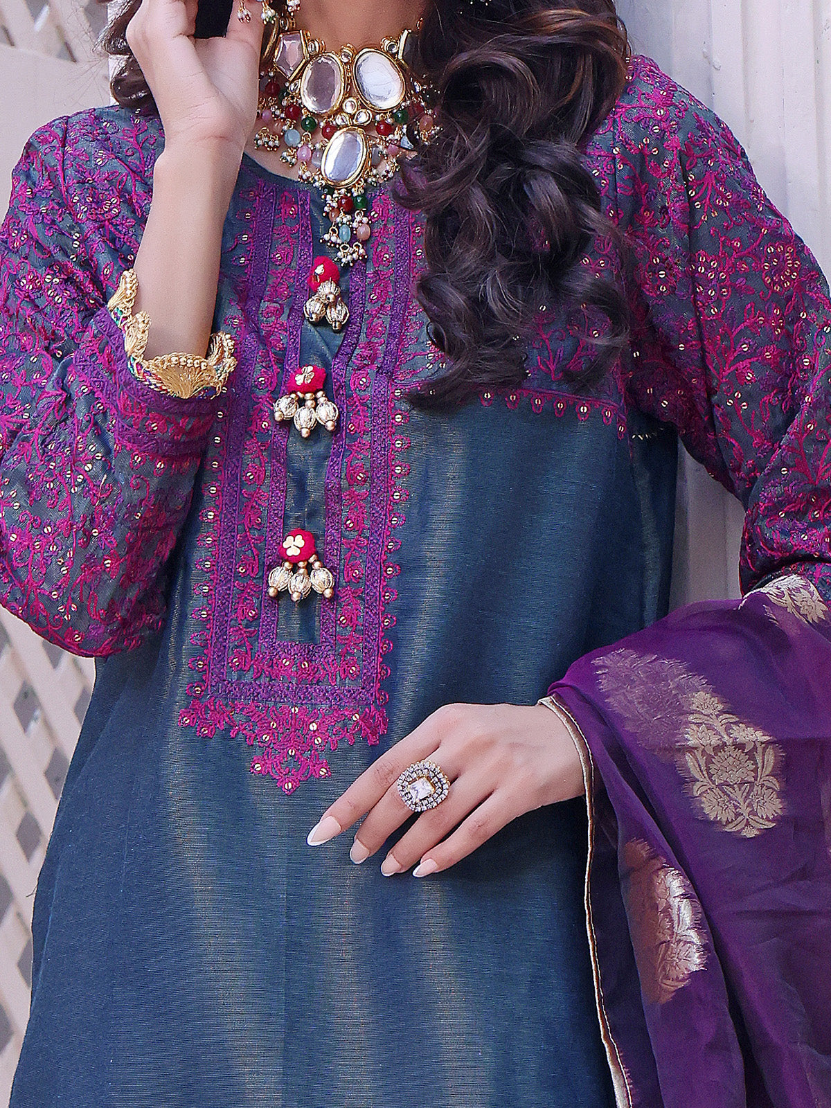 3Pc Embroidered Unstitched Masoori Navy Blue - OWMEJ3P-17004-A