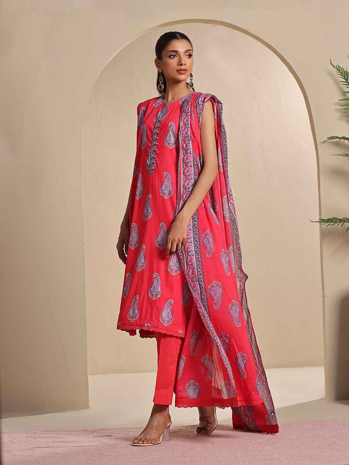 2Pc Printed Unstitched Dobby Red - OLD2P-6198-A
