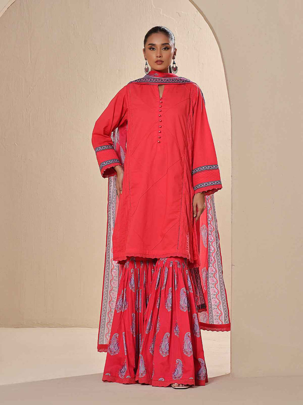 2Pc Printed Unstitched Dobby Red - OLD2P-6198-A