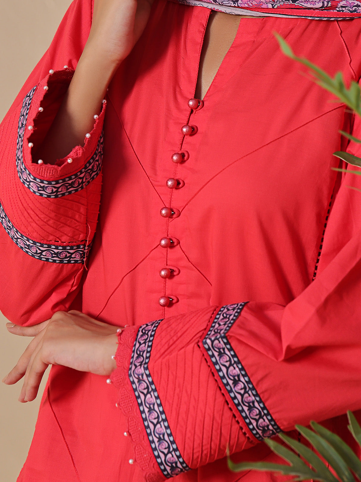 2Pc Printed Unstitched Dobby Red - OLD2P-6198-A