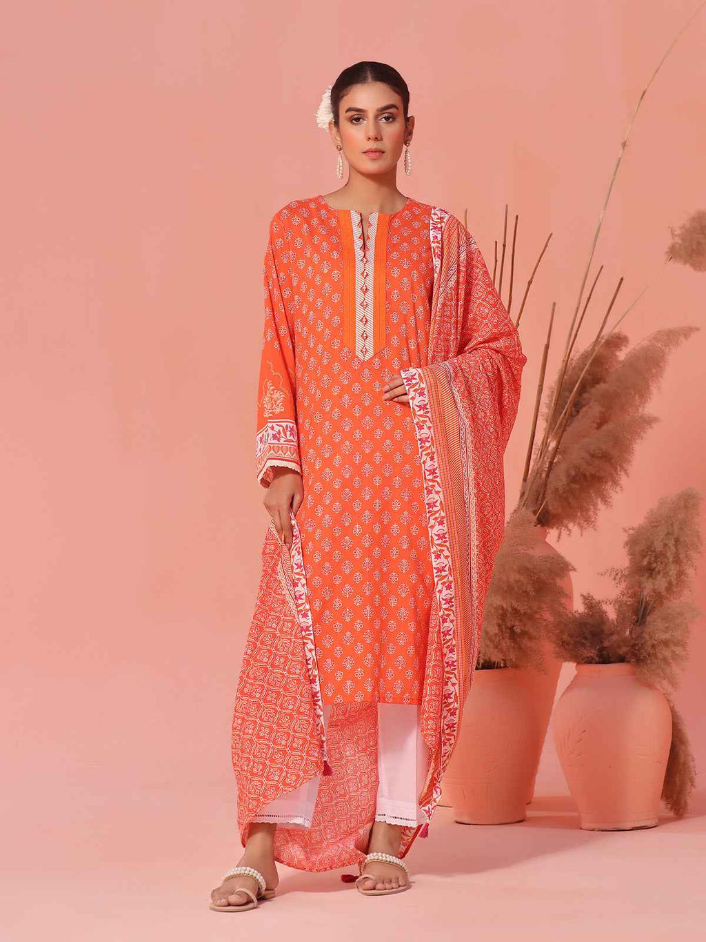 2Pc Printed Unstitched Lawn Orange - OL2P-6158-B