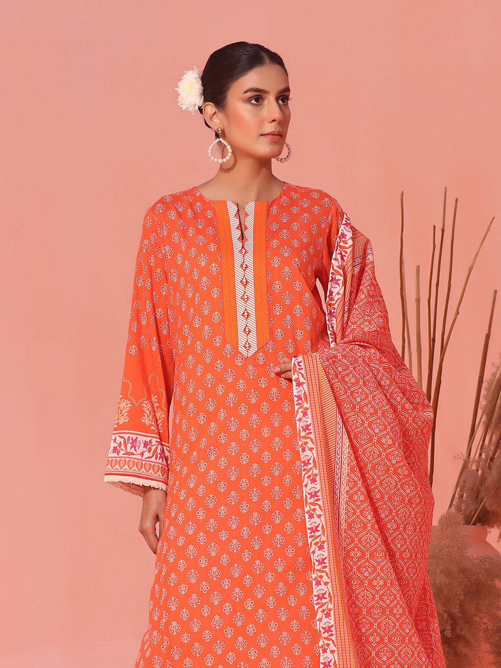 2Pc Printed Unstitched Lawn Orange - OL2P-6158-B