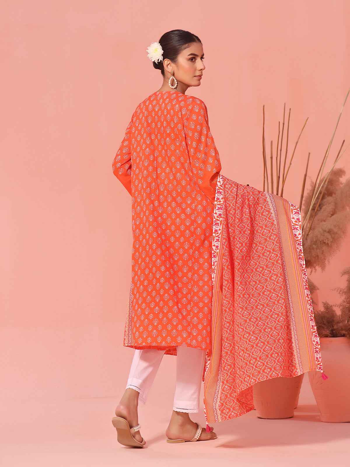 2Pc Printed Unstitched Lawn Orange - OL2P-6158-B